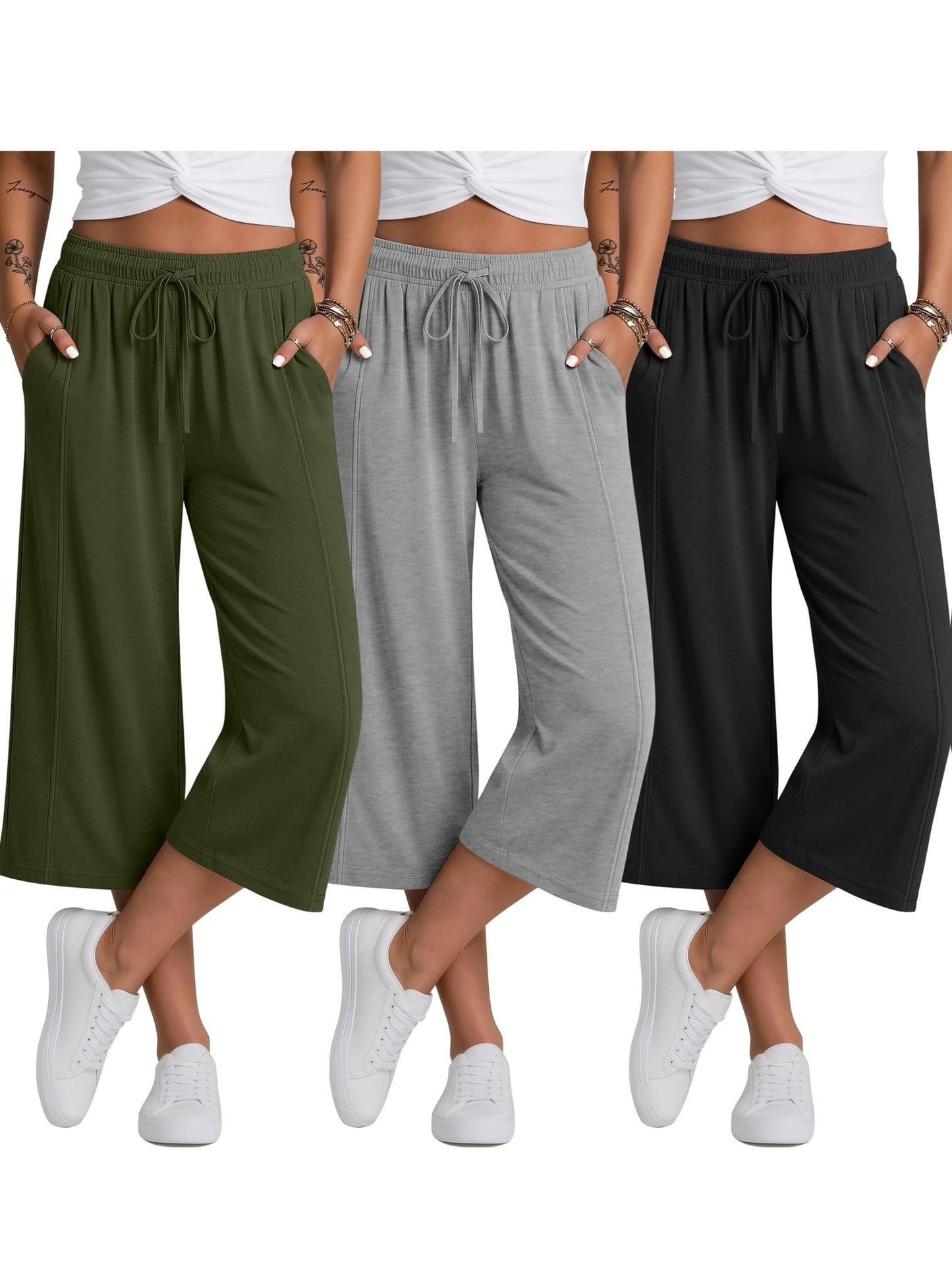 Plus Size, 3pcs Plus Size Women's Capri Pants, Wide Leg Basic Sweatpants Lounge Loose Fit Casual Drawstring Capris with Pockets