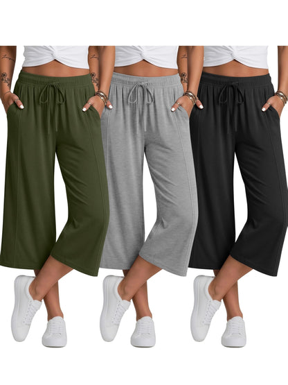 Plus Size, 3pcs Plus Size Women's Capri Pants, Wide Leg Basic Sweatpants Lounge Loose Fit Casual Drawstring Capris with Pockets