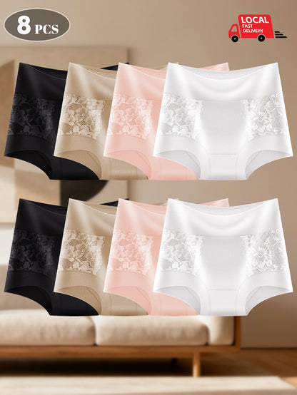 8pcs Women's High-waisted Lace Patchwork Straight-leg Pants. The Wide High-waist Design Naturally Tucks in the Abdomen. The Waist Side Is Stitched with Soft Lace, Exuding an Elegant Look. Ideal for a Date Outfit.
