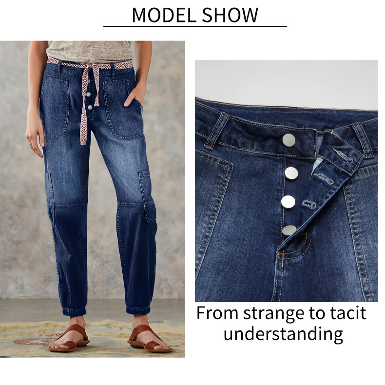 HME Women's Ankle Pants, Elastic Cargo Denim with Multiple Pockets, Heavy Wash Vintage Blue, Beltless Casual Vacation Street Style, Versatile Youthful Fashion, Autumn/Winter New Arrival