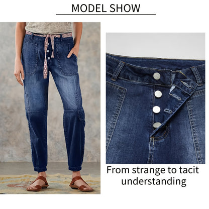 HME Women's Ankle Pants, Elastic Cargo Denim with Multiple Pockets, Heavy Wash Vintage Blue, Beltless Casual Vacation Street Style, Versatile Youthful Fashion, Autumn/Winter New Arrival