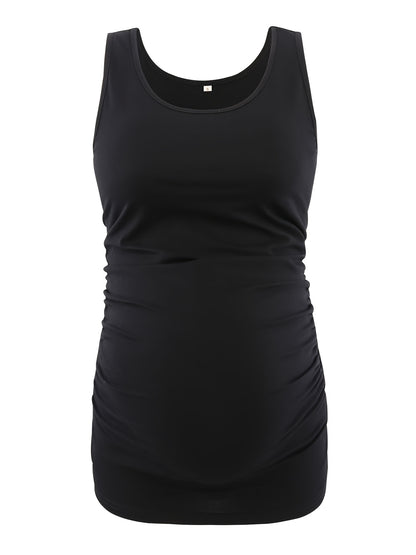 Women's Full Bump Coverage Maternity Tank Top - All-Stage Pregnancy Shirt with Side Ruching & Scoop Neck, Stretchy Rayon-Spandex Sleeveless Nursing Vest for Postpartum Wear, Breathable Belly-Friendly T-Shirt (No Chest Pads)