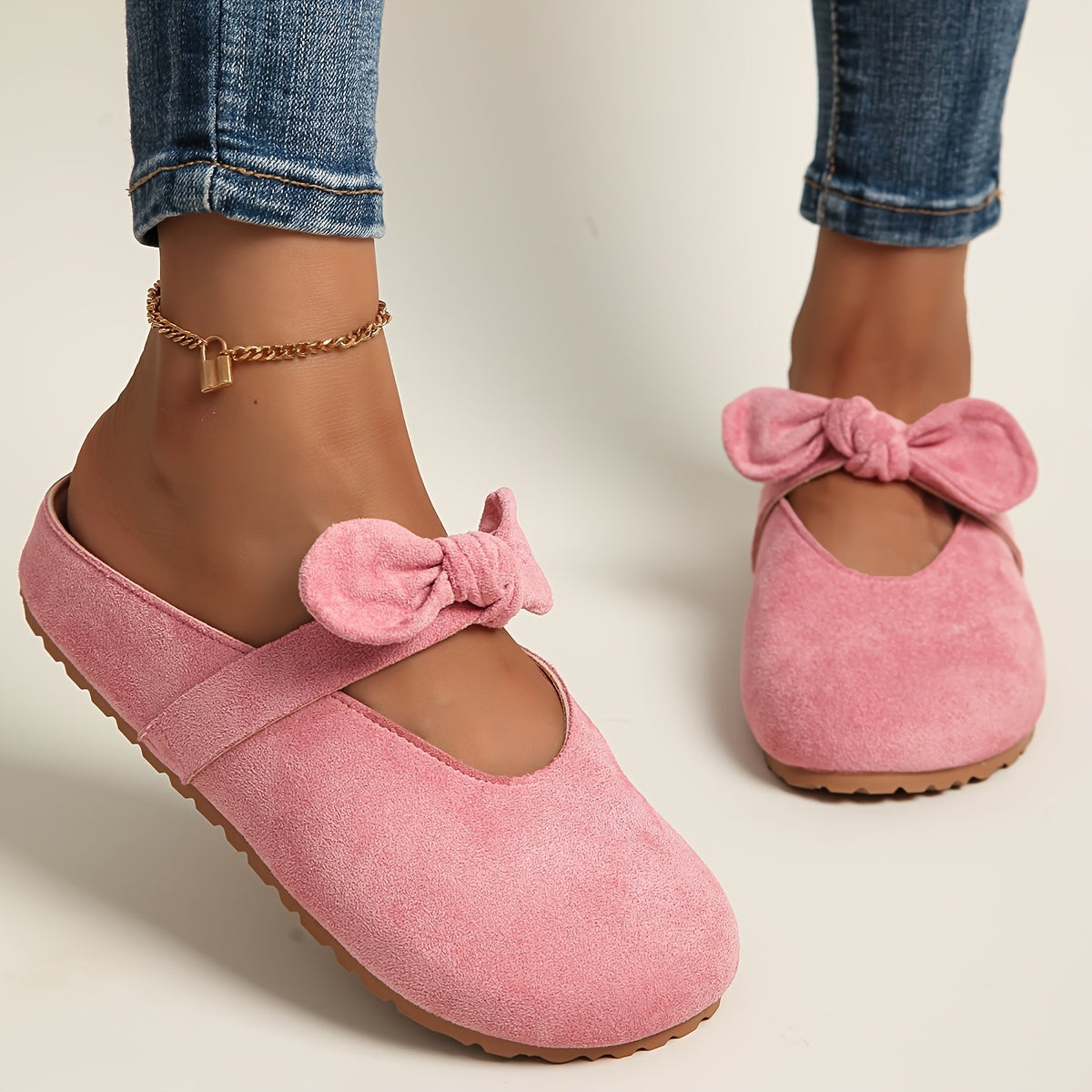 [Slip-On Mules Bow Detail] Women's Slip-On Mules with Thick Cushioned Soles And Bow Detail - Soft Fabric Upper, Breathable PU Lining, Sole - All-Season Comfort for Casual And Formal Wear (Beige/Yellow/Pink) - Extended Sizes Available, Mule Shoes, Comforta