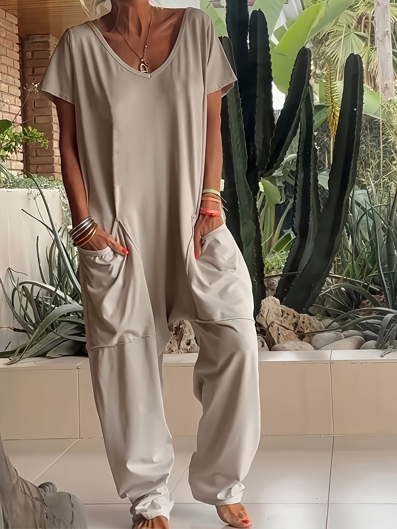 Plus Size - Plus Size - Women'S Solid Color Casual Baggy Pocket Romper