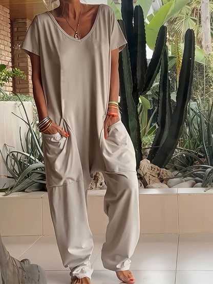 Plus Size - Plus Size - Women'S Solid Color Casual Baggy Pocket Romper