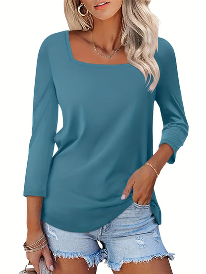 Three-piece Women's Casual Summer Top, 3/4 Sleeve Basic Elegant Square Neck Fashion T-shirt