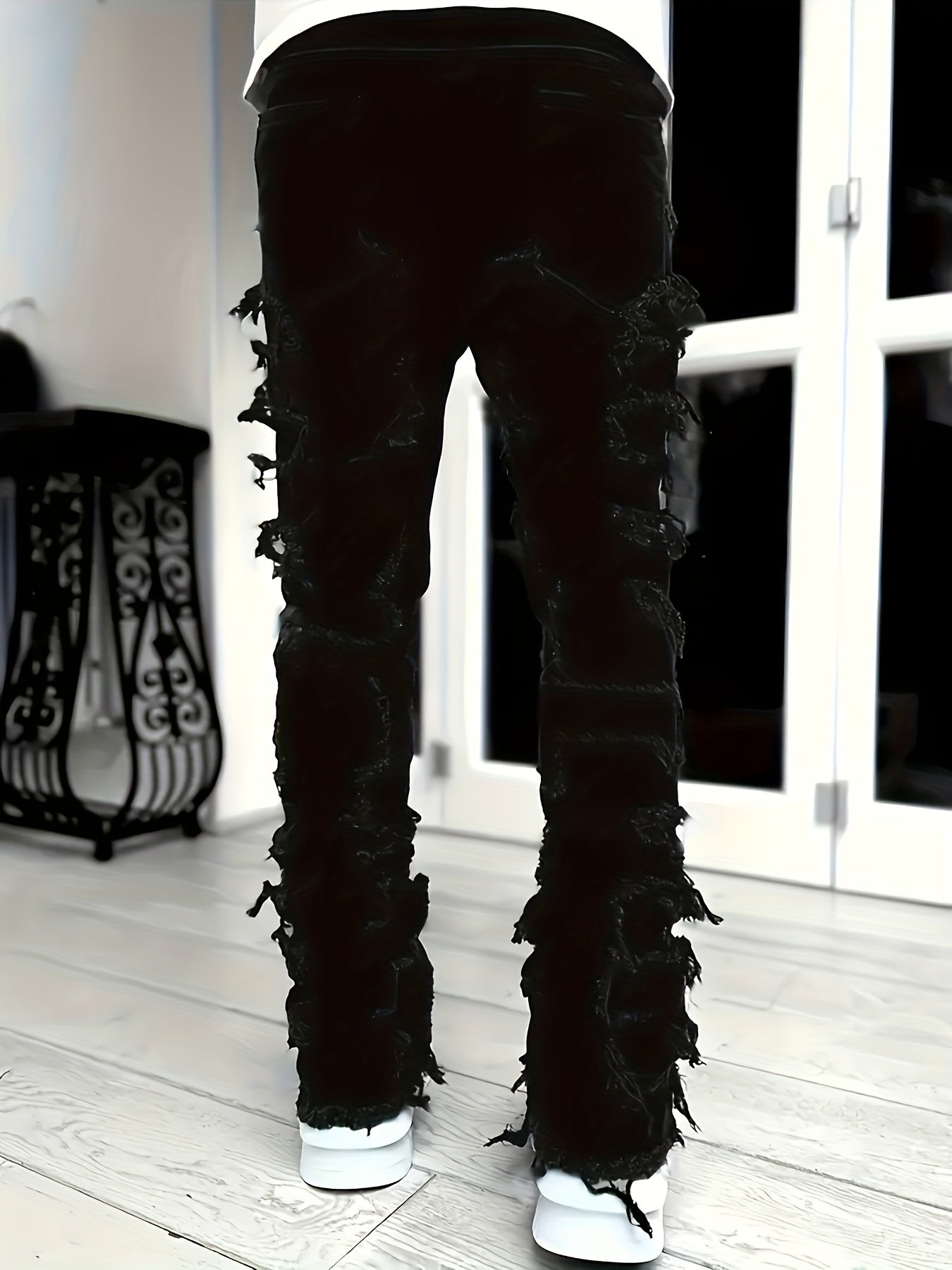 Men's Creative Tassel Decor Straight Fit Jeans, Men's Casual Mid-Rise Elastic Street Style Hip-Hop Skate Rap Jeans for All Seasons