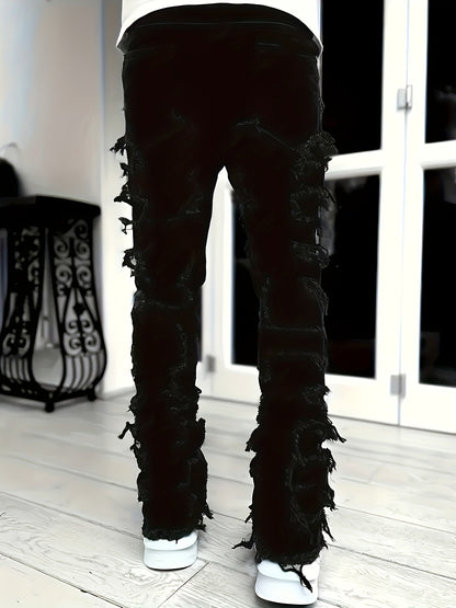 Men's Creative Tassel Decor Straight Fit Jeans, Men's Casual Mid-Rise Elastic Street Style Hip-Hop Skate Rap Jeans for All Seasons