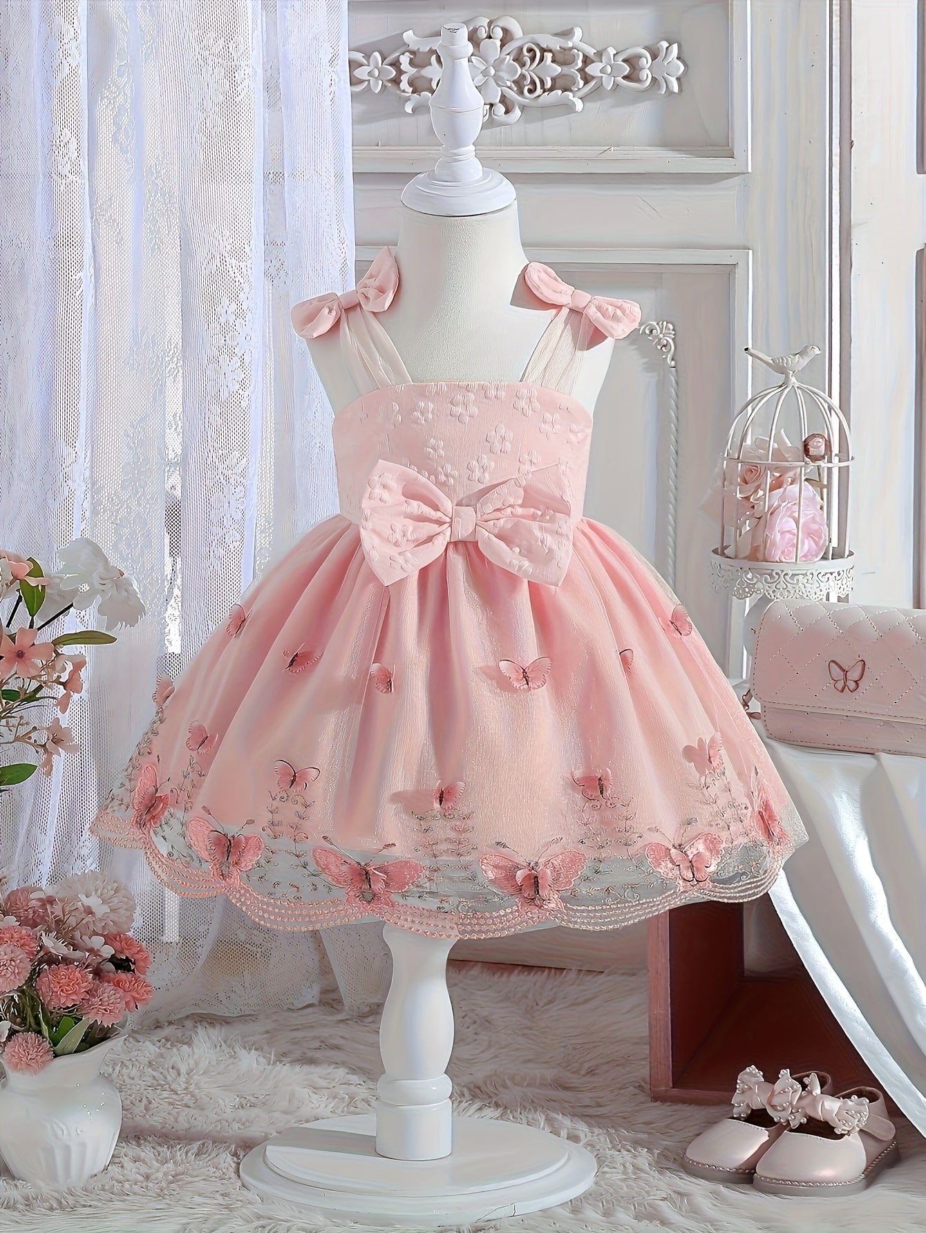 Girls' Clothing, School Season Gifts, Cute Girls' Dresses, Summer Lightweight Net-sheen Dresses, Bow Decoration Dresses, Versatile Fashionable High-end Style, Suitable for Parties And Wedding Seasons, Girls' Princess Dresses, Valentine's Day Gifts