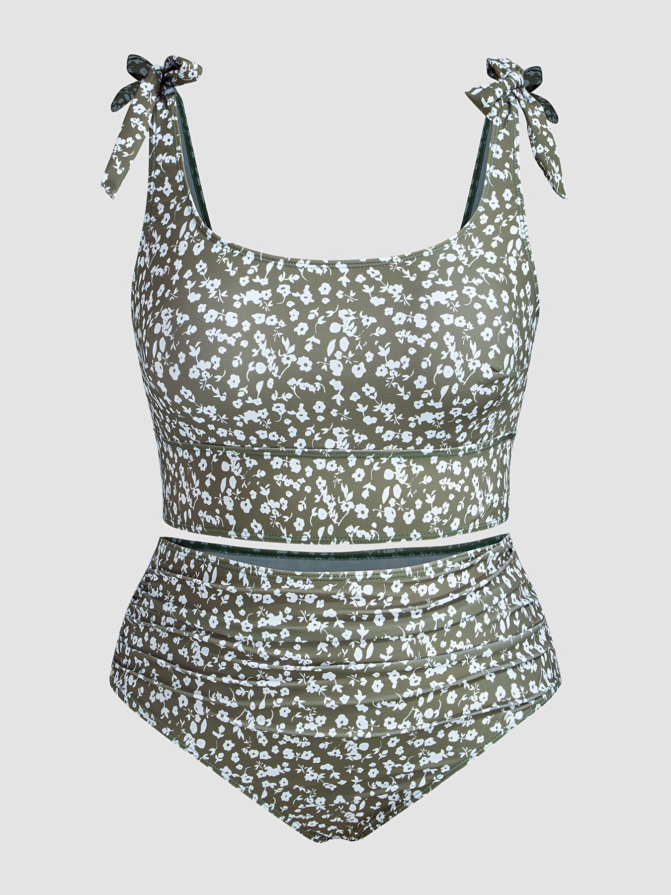 1set MOXDO Plus Size Floral Print Tankini Swimsuit Set, Casual Knit Polyester Beachwear with Tie Detail, High Stretch Fabric, Two-Piece Swimwear