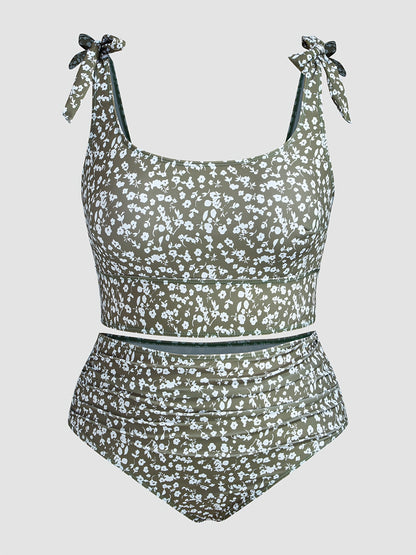 1set MOXDO Plus Size Floral Print Tankini Swimsuit Set, Casual Knit Polyester Beachwear with Tie Detail, High Stretch Fabric, Two-Piece Swimwear