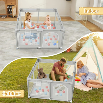 71.3*71.3 Inch Baby Playpen | Play Pens for Babies And Toddlers, Metal And Fabric Baby Fence Baby Play Yards for Indoor & Outdoor, Breathable Mesh, Anti-Fall, Grey, Mobile.available As A Halloween And Christmas Gift!