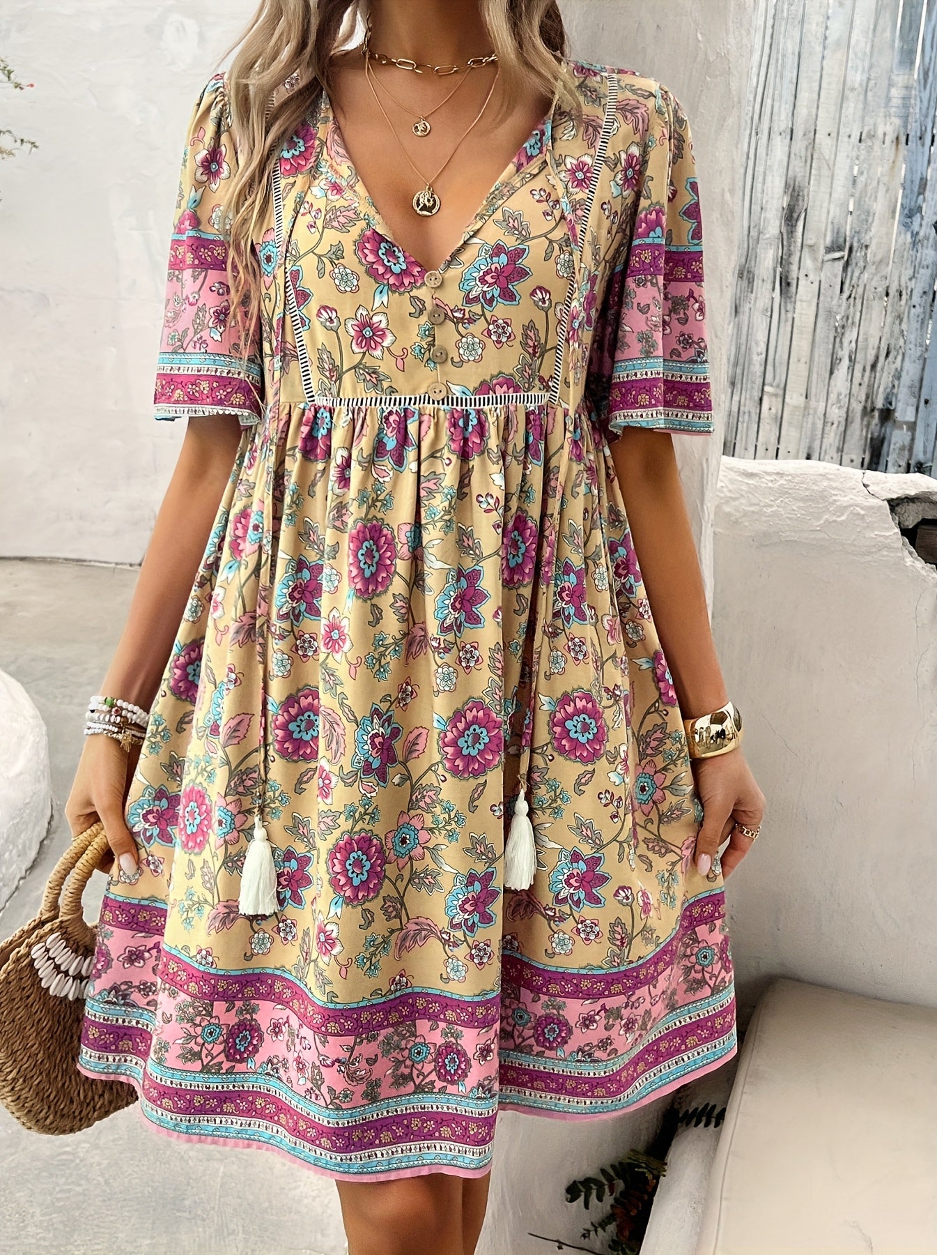 ZAFUL Summer Women's Dress, Women's Fashion New Elegant Romantic Bohemian Style Long Dress, Women's Fashion Deep V-neck Princess Sleeve Design, Fluffy High Waist Tassel Dress, Fashion Holiday Dress