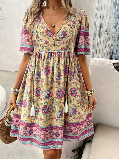 ZAFUL Summer Women's Dress, Women's Fashion New Elegant Romantic Bohemian Style Long Dress, Women's Fashion Deep V-neck Princess Sleeve Design, Fluffy High Waist Tassel Dress, Fashion Holiday Dress