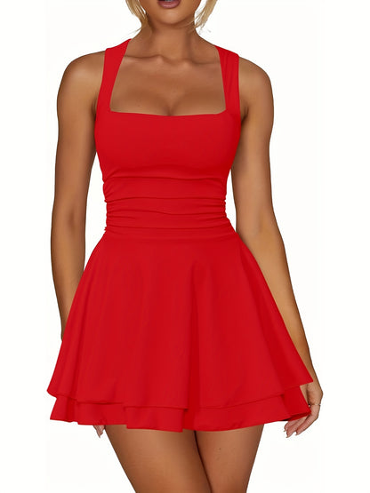 Women'S Square Neck Ruffle Hem Mini Dress Pleated Waist Short Party Dress