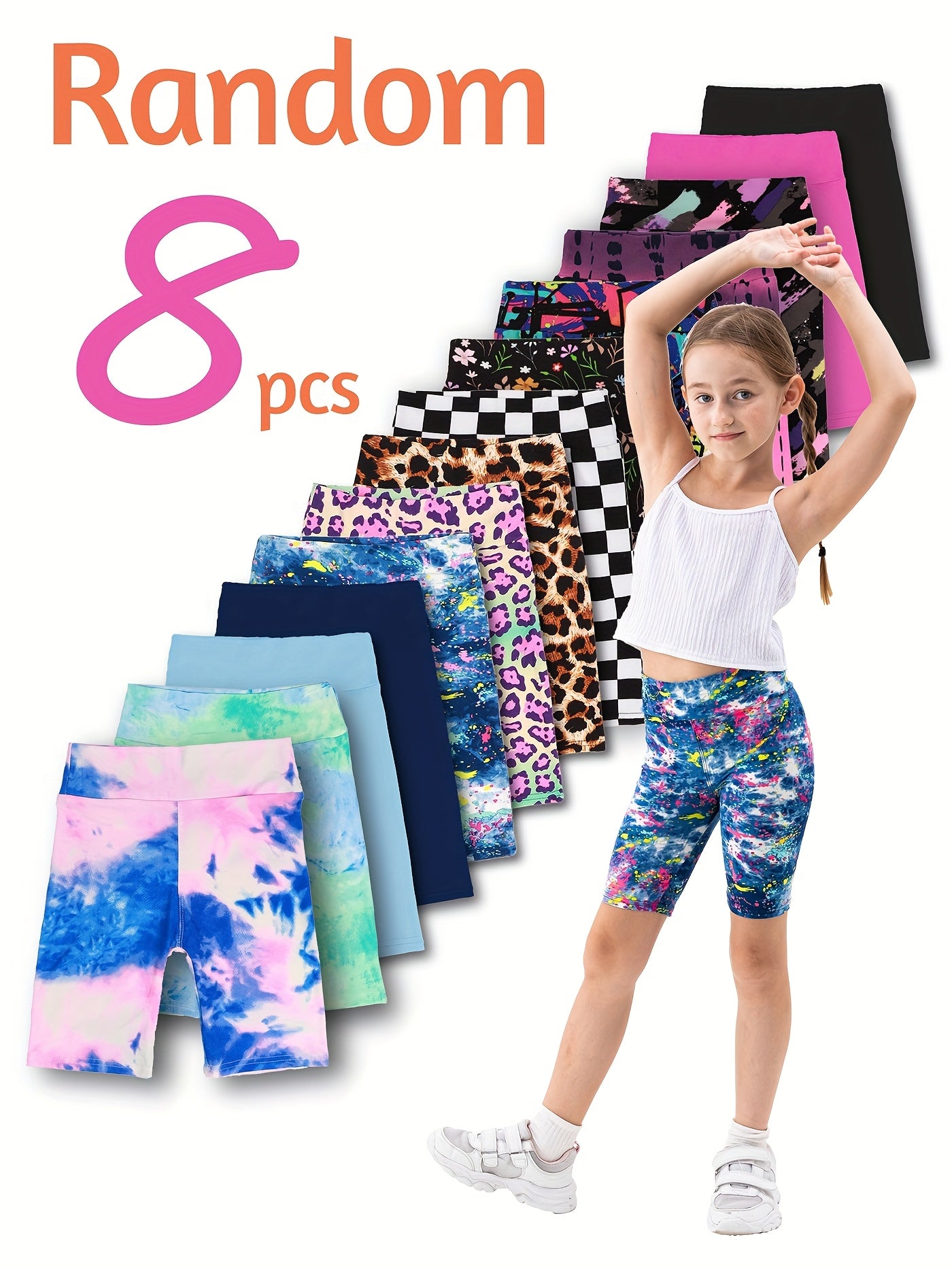 8pcs Random Style SOFTMILK Kids' High-Waist Bermuda Shorts, Polyester And Spandex Blend, Casual Style, High Stretch, Printed Patterns, Knit Fabric, Skinny Fit, with Ages 12 And Under for Spring/Summer