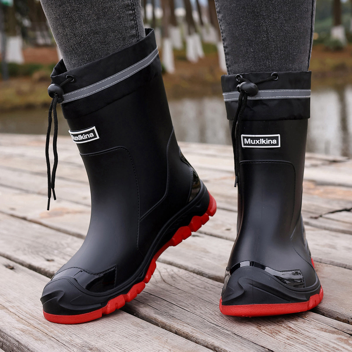 MUXLKINA Stylish Rain Boots| Men's and Women's Ankle Boots- Full Size Range, All Seasons, Lightweight and Comfortable, Perfect for Casual Attire, Outdoors, Rainy Days, Muddy Grounds, Music Festivals, Camping. Easy to Clean| Slip-on, Women Shoes