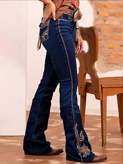 Women's Embroidered Bell-Bottom Stretch Mid to High Waist Blue Jeans