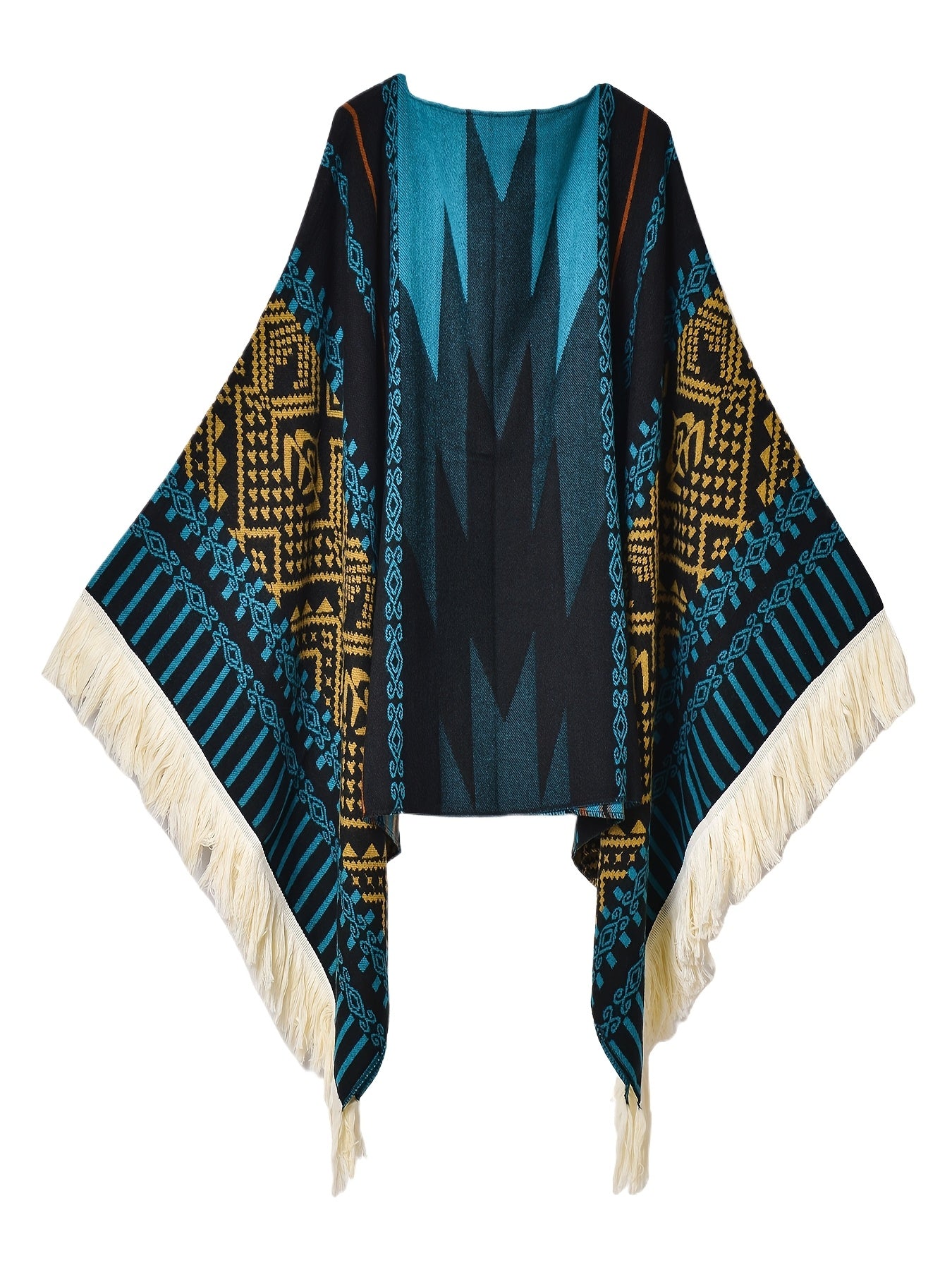 Men's Western Bandit Cape Coat with Tribal Print, Warm V-Neck Poncho with Tassel Trim for Outdoor Adventures, Fall and Winter Casual Wear (Brown/ White)
