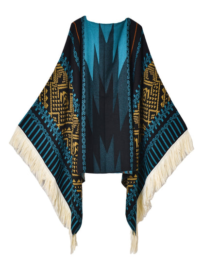Men's Western Bandit Cape Coat with Tribal Print, Warm V-Neck Poncho with Tassel Trim for Outdoor Adventures, Fall and Winter Casual Wear (Brown/ White)