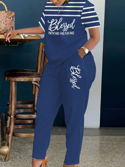Plus Size, Ladies Plus Size 2pcs Suit, Letter Printing with Blessing, Pinstripe Coat, Trousers with Pockets, Ladies' Daily Casual Fashion Suit.