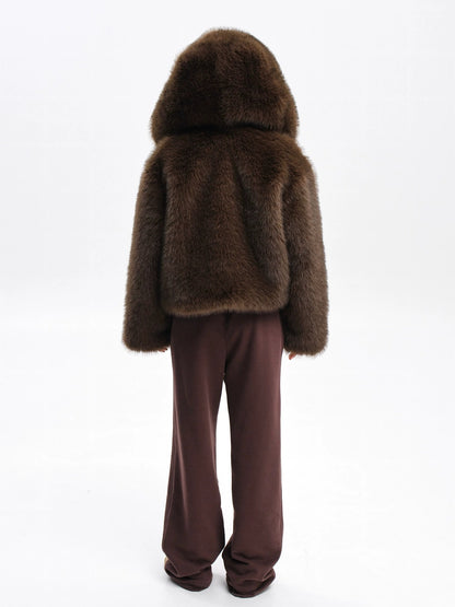 2026 Winter Women'S Pink Faux Hooded Coat, Warm Artificial Fox Overcoat, Stylish Plush Jacket