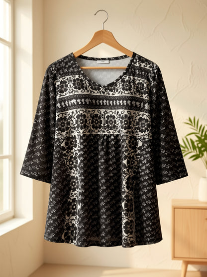 Plus Size - Plus Size - Ladies' 3/4 Sleeve Patterned Blouse - Stylish V-Neck Design, Opaque Material, Washable in Machine, Ideal for Everyday Use