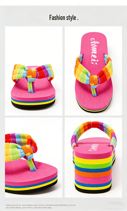 Women'S Summer Beach Flip Flops - Comfort Thick Sole Casual Sandals, Black And Pink Rainbow Stripe, Soft TPU Material, All-Season Wear, Women Shoes