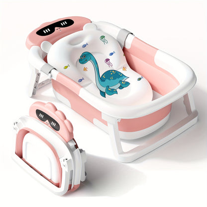 Foldable Baby Bathtub with Soft Cushion | Dinosaur Pattern, Non-Slip Feet & Sturdy Design | Perfect Baby Shower Gift/Christmas/New Year/Birthday Holiday Gift | Travel & Camping Bath Tub