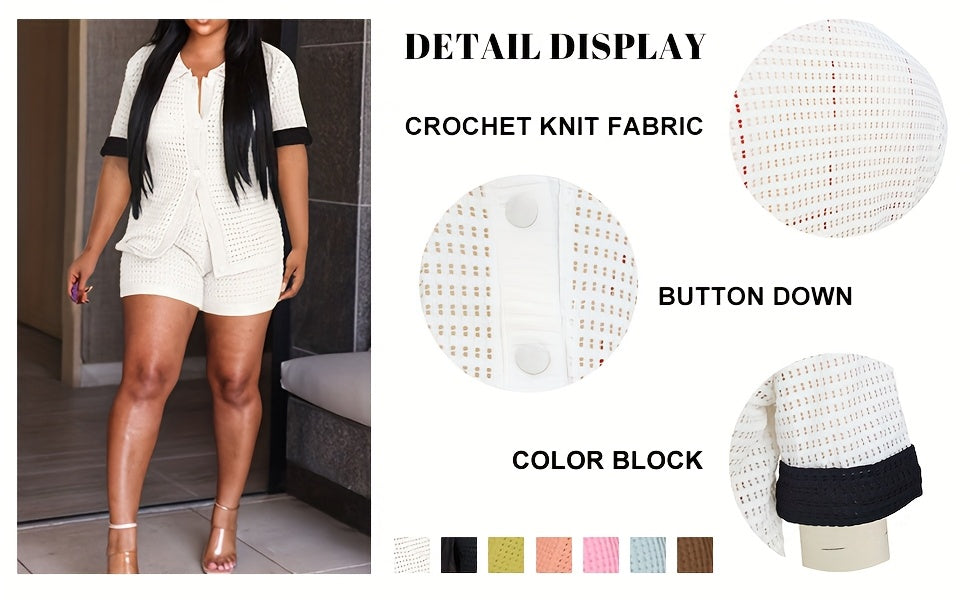 Sexy 2pcs Sets for Women - Color Block Hollow Out Button Shirt And Shorts Set, Y2K Clubwear Beach Vacation Outfits