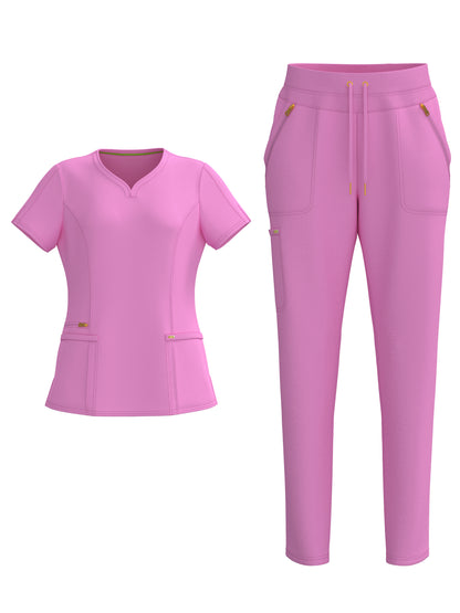 PandaFlex modern neck in Four-Way Stretch Fashion Scrubs Set V-Neck Short Sleeve Scrub Top & Straight Leg Cargo Pants for Nurses with zipper pockets 3372