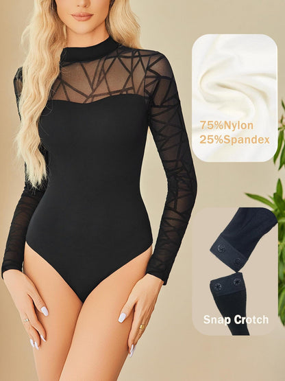 Sexy Mock Turtle Neck Sheer Mesh Long Sleeve Bodysuit Shirts Ruched Body Suit Leotard Tops