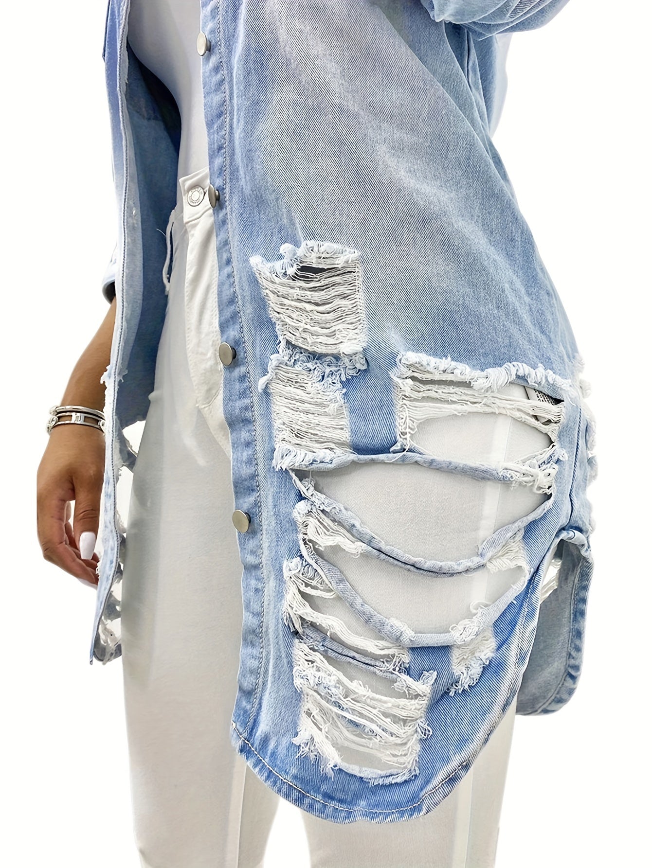 Women's Casual Ripped Washed Blue Patch Pocket Slim Fit Long Sleeve Distressed Denim Jacket