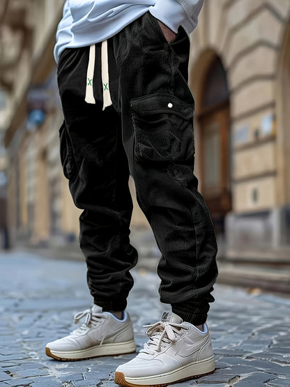 2 Pairs Men'S Four-Season Universal Corduroy Cuffed Sweatpants, Elastic Waist Solid Color Jogger Casual Pants