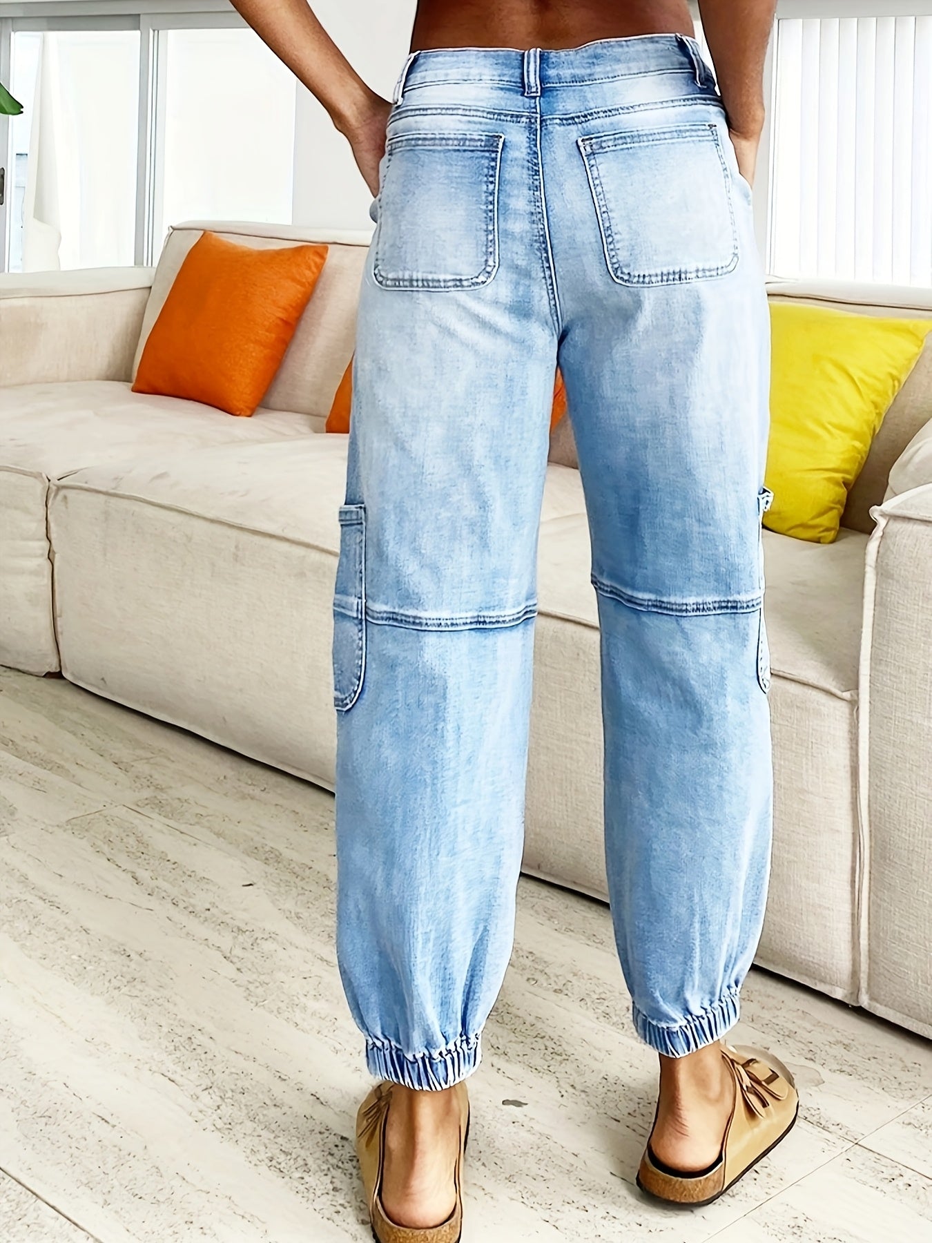 HME Women's Ankle Pants, Elastic Cargo Denim with Multiple Pockets, Heavy Wash Vintage Blue, Beltless Casual Vacation Street Style, Versatile Youthful Fashion, Autumn/Winter New Arrival