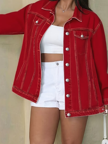 Plus Size Solid Color Collared Button-Front Denim Jacket - Women's Mature Stylish Street Casual Style Loose Fit Daily Comfortable Autumn Winter Plus Size Denim Top