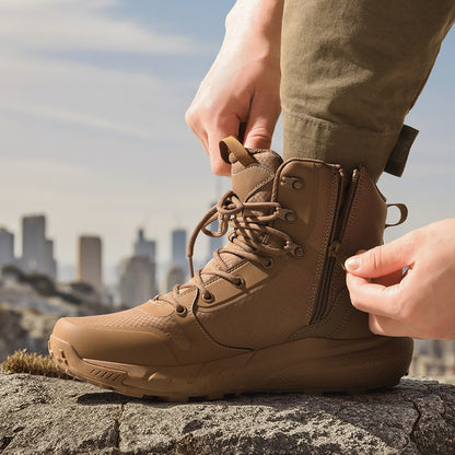 Men's Waterproof Hiking Boots Mid Tactical Boot Comfortable Lightweight Boots for Work All Day Side Zipper Motorcycle Combat Boots Backpacking Trekking