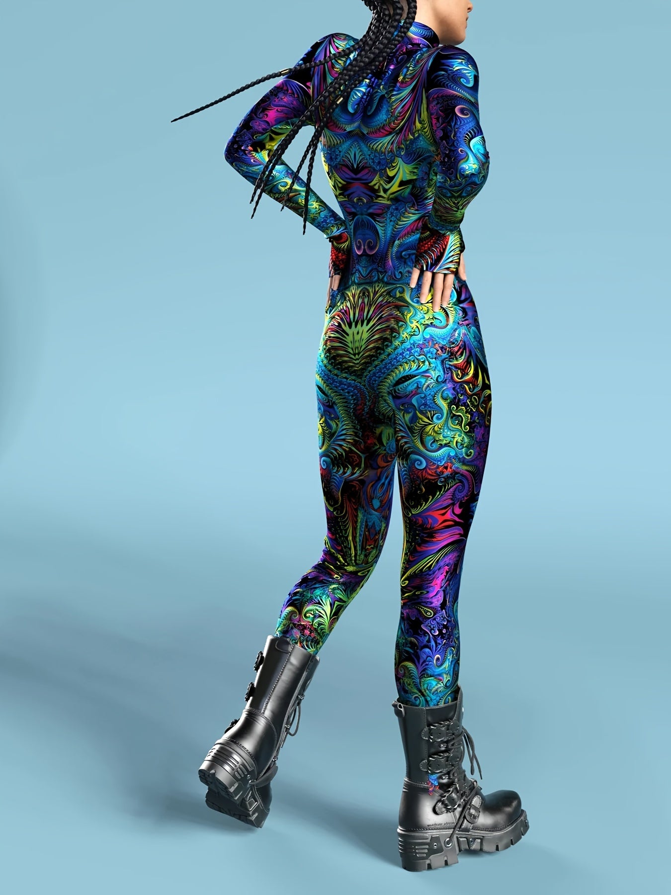 Stretchy Spandex Psychedelic Fractal Print Bodysuit for Women - High-Neck, Long Sleeve, Costume for Halloween & Cosplay Parties