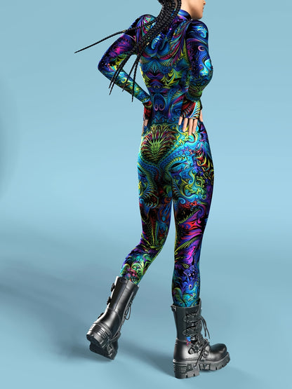 Stretchy Spandex Psychedelic Fractal Print Bodysuit for Women - High-Neck, Long Sleeve, Costume for Halloween & Cosplay Parties