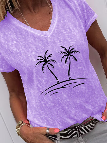 Relaxed Summer V-Neck T-Shirt Featuring a Palm Tree Design, Ideal for Relaxing at Home, Outings, Or As a Gift Option for New Year'S, Valentine'S Day, And Other Occasions