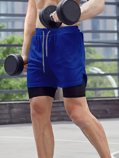 3pcs Men's 2-in-1 Double-layer Shorts with Inner Pocket, High Stretch Sports Shorts, Suitable for Summer Running, Gym Exercise And Training