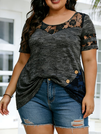 Plus Size - Plus Size - Women'S Plus Size Lace Trim Blouse Tops, Flattering V-Neck Tunic Shirt, Casual Dressy Elegant Tops, Flowy Tunic Top with Lace Sleeves, Comfort Stretch Blouse for Women, Loose Fit Shirt, Sizes XL-5X
