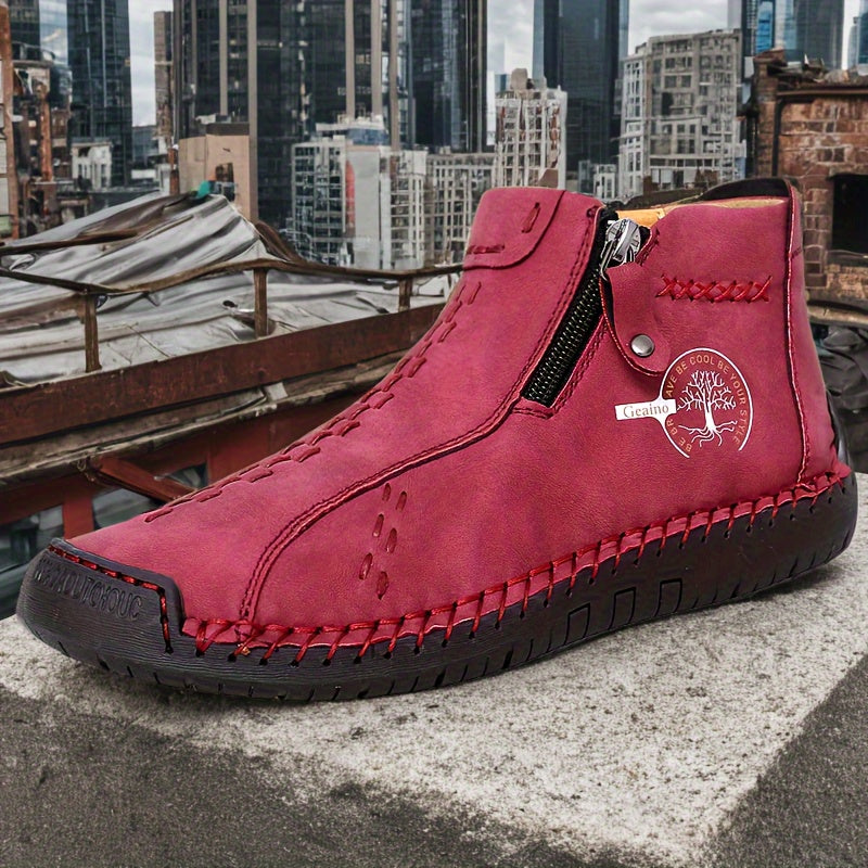 Handcrafted Women'S Boots, Traditional Stitch Ankle Footwear, Casual Outdoor Zipper Shoes