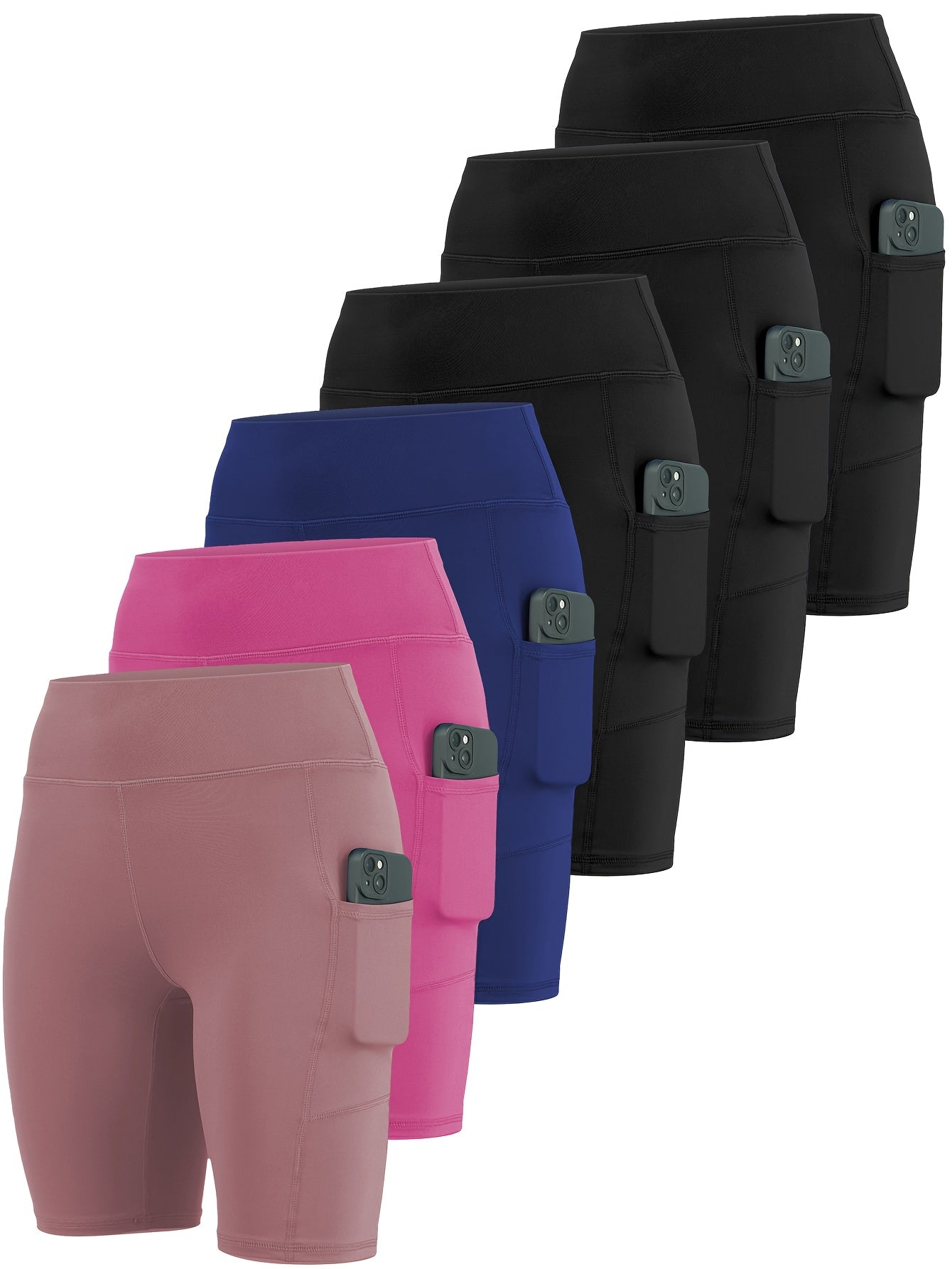 6-pack Large Size Sport Shorts For Women, Fashionable Casual Shorts, High-waist High-stretch Yoga Shorts, 5-inch Shorts With Phone Pocket