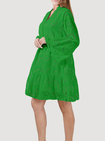 Elegant Mint Green V-Neck Shirt Dress with Bell Sleeves and Lace Cut-Out Detail - Chic Long Casual Dress for Women, Ideal for Home Gatherings and Parties, Casual Party Dress|Bell Sleeve Dress|Machine Washable Dress, Cute Dresses