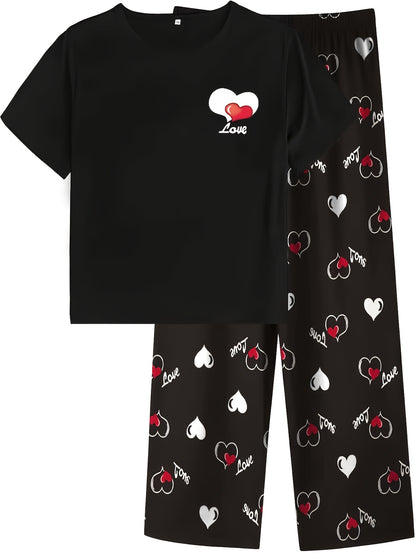 Set of 6 Plus Size Women'S Sleepwear Featuring a New Heart And Butterfly Design on a Short Sleeve Top Paired with Heart Checkered Pajama Pants