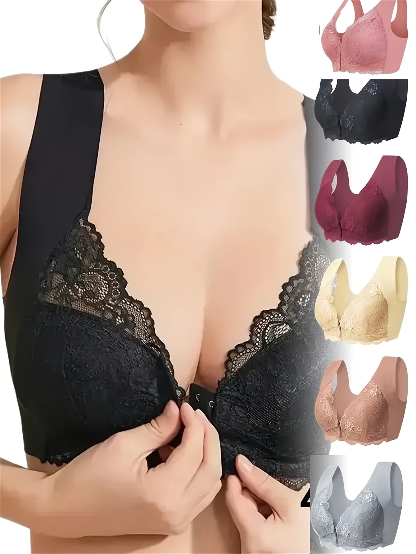 6pcs Plus Size Lace Front Closure Wireless Tank Bra, Women'S Sexy Comfy Push Up Bra, Easy Solid Floral Lace Front Buckle Bras, Breathable Wireless T Shirt Bra, Elegant Front Closure Lace Nursing Bra, Large Underwear Set