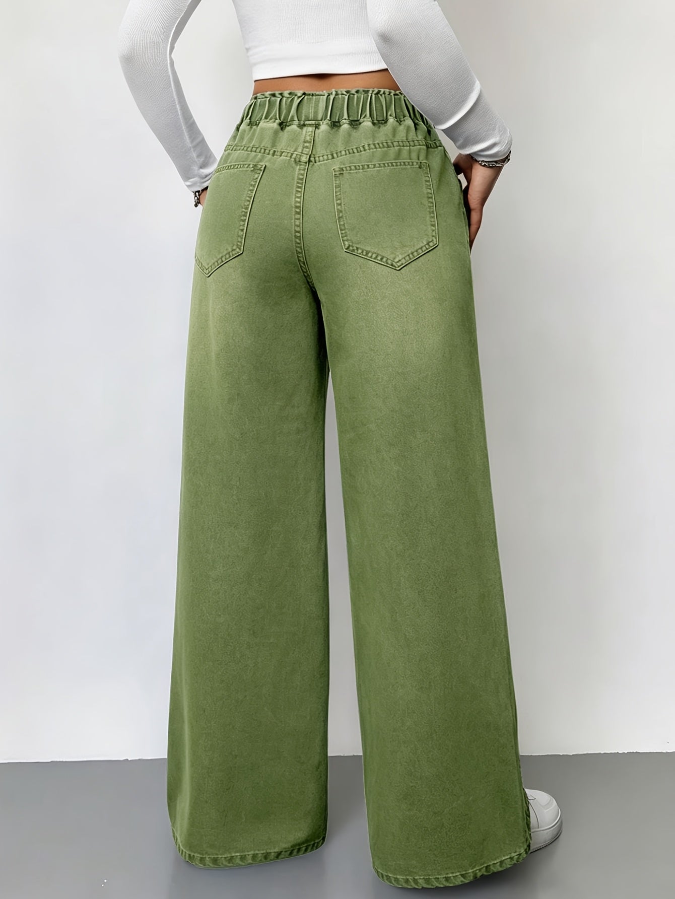 Women'S Washed Solid-Color High-Waisted Denim Pants Stylish Casual Elastic Drawstring Waistband Wide-Leg Pants Versatile Commuter Style
