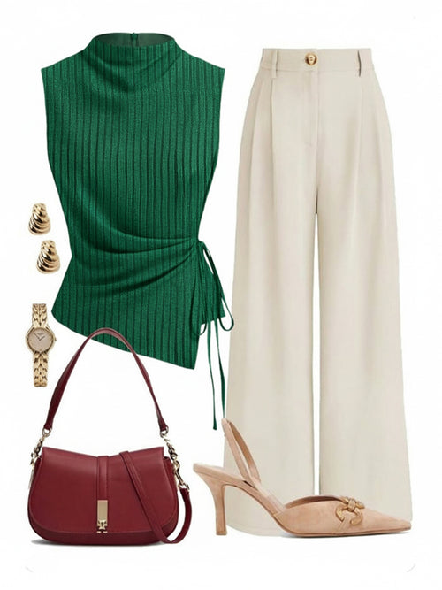 2pcs Set: Burgundy Sleeveless Drawstring Top And Wide-Leg Pants | Women'S | Elegant And Gentle Light Commuter Style Pieces, Suitable for The Workplace, Afternoon Tea Dates, And Spring/Fall Outfits. [Does Not Include Other Combination Items]
