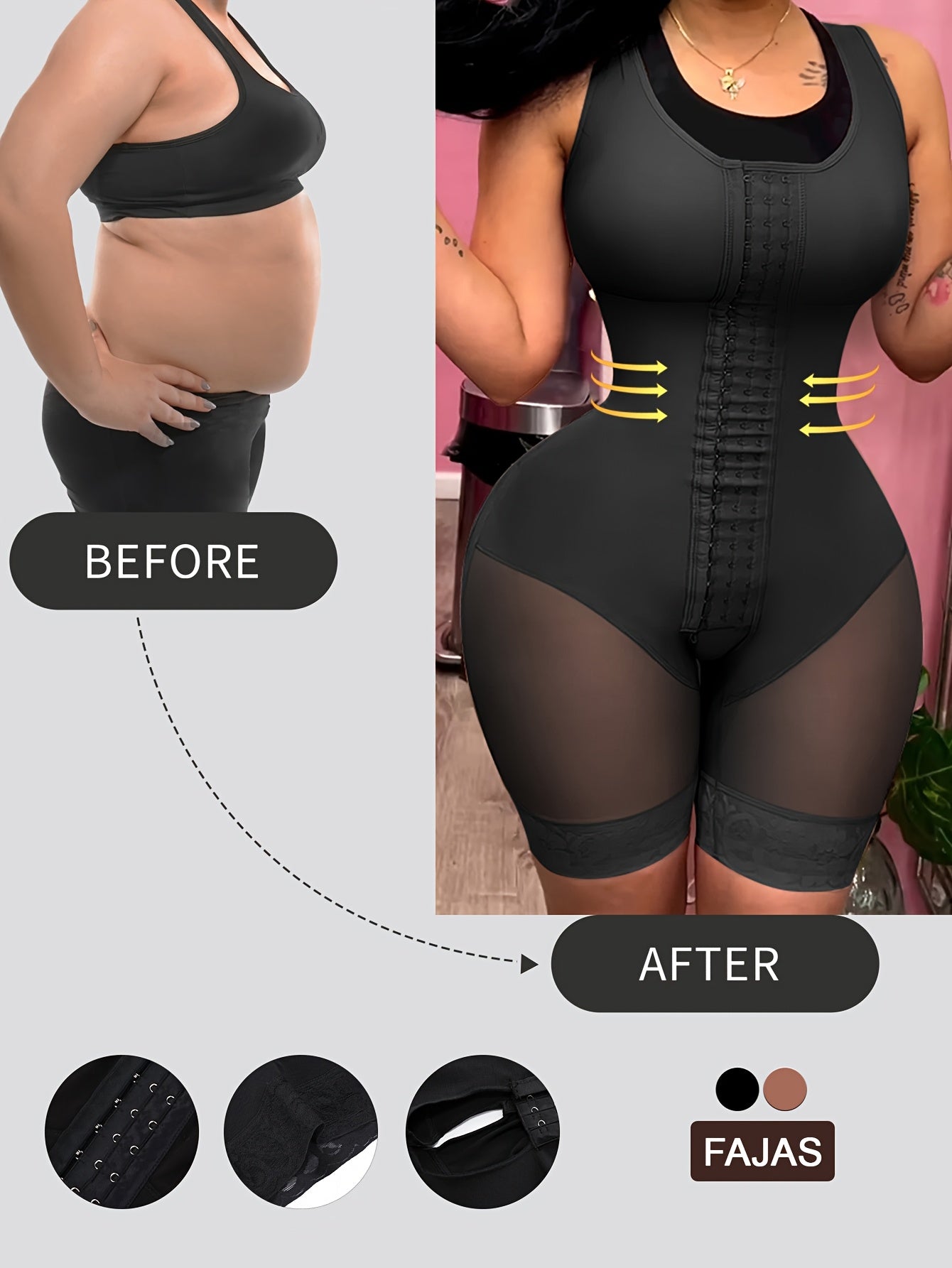 FeelinGirl Plus Size High Compression Fajas Colombianas Shapewear for Women - Full Body Tummy Control Suit with 3-Hook Front Closure, Curves Enhancer & Postpartum Bodysuit (No Padding) -